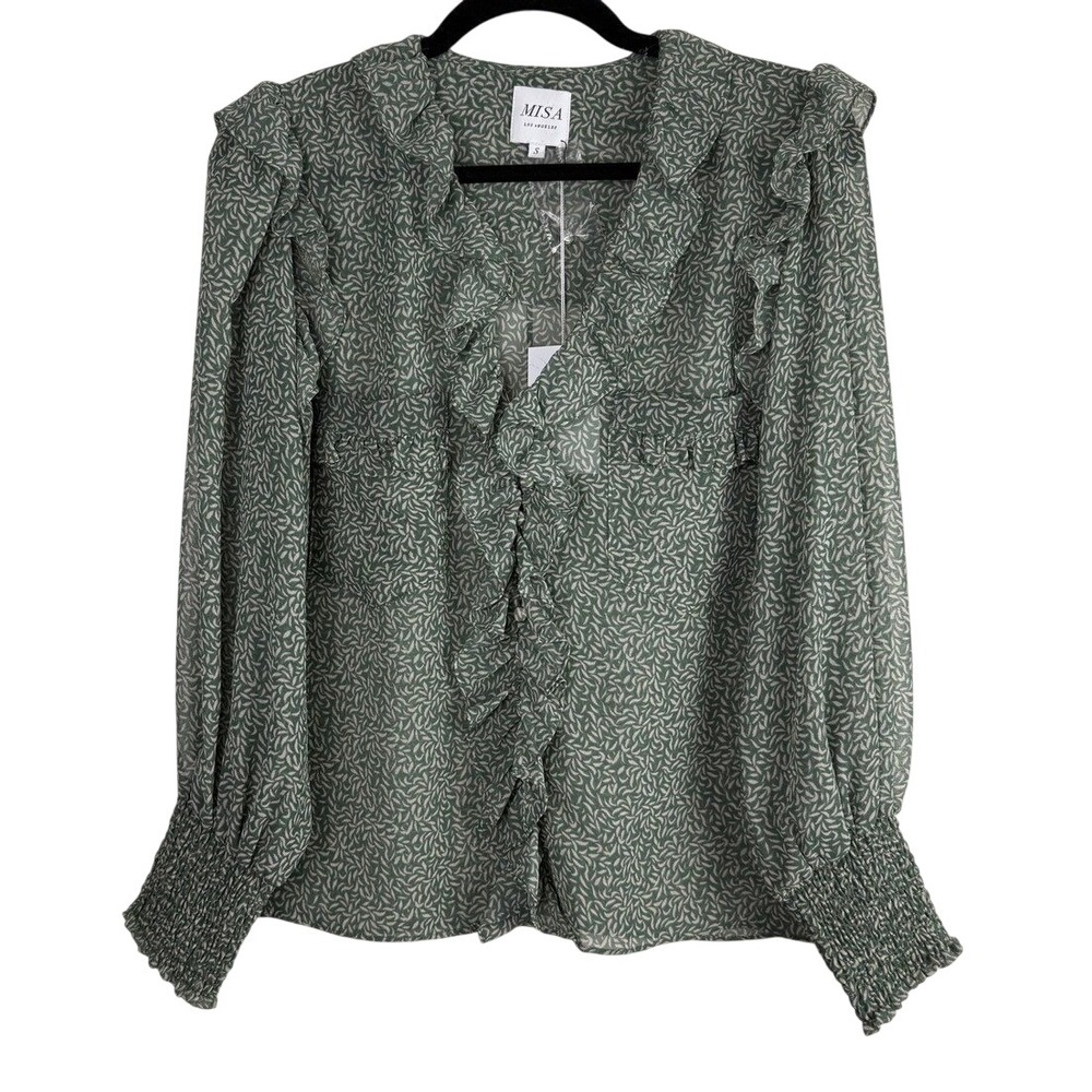 MISA Los Angeles Green Leaf Botanical Ruffle Blouse Smocked Cuff Small NWT $240